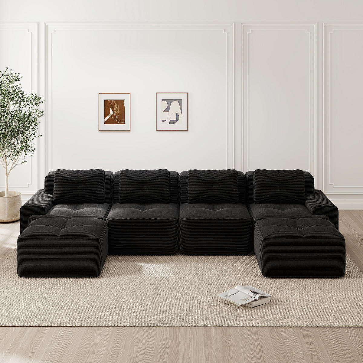WOHNLANDSCHAFT 4-Sitzer Cord Schwarz rutschfest - Schwarz, Textil (382/69/177cm) - WISHDOR