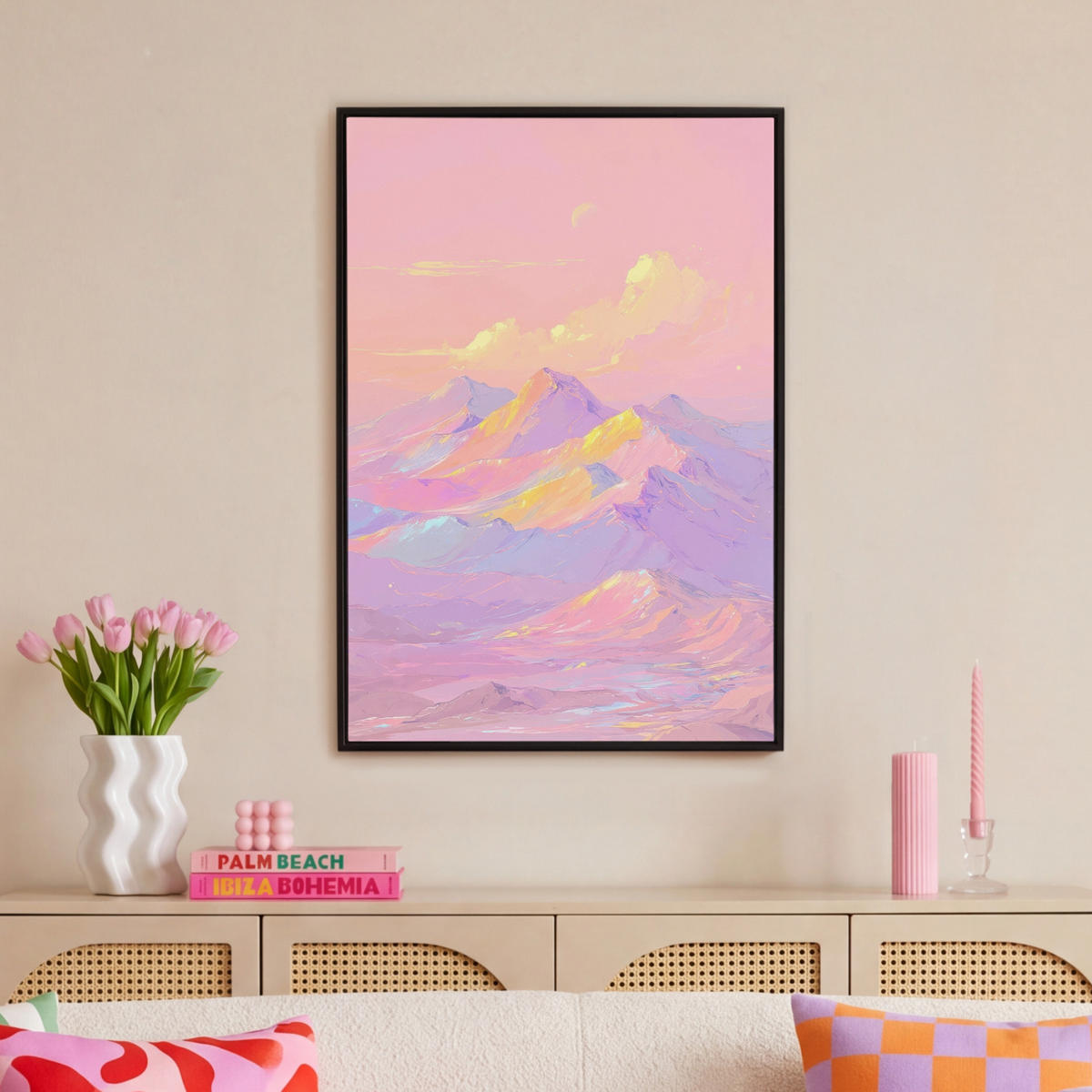 LEINWAND Bilder mit Rahmen - Berggipfel - Wolken - Verträumt - 60x90 - Hellrosa, Textil (60/90cm) - MuchoWow