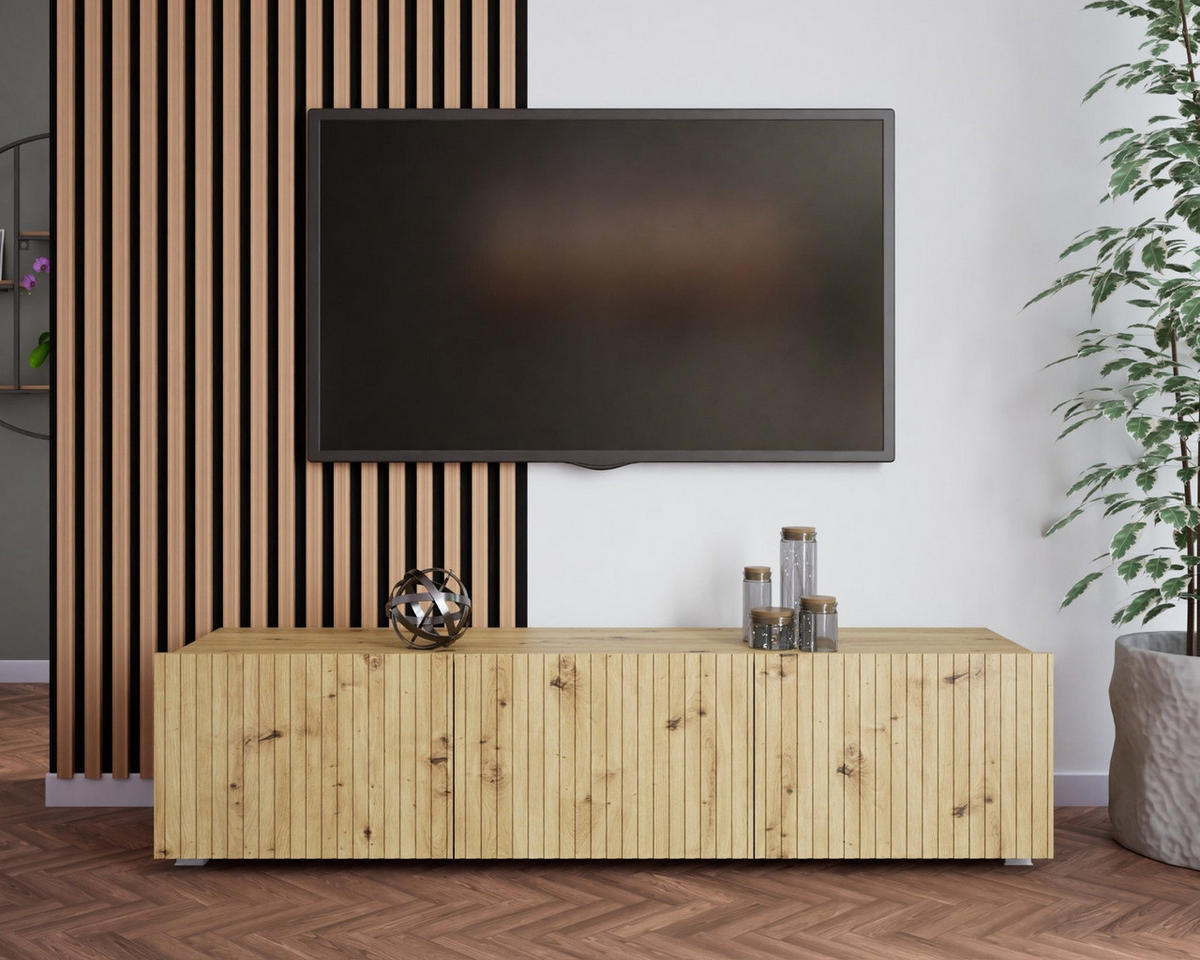 TV-LOWBOARD Kolder 150 cm Artisan Eiche mit geriffelten Fronten - Silberfarben/Eiche Artisan, Holzwerkstoff/Kunststoff (150/38/43cm) - Ravio