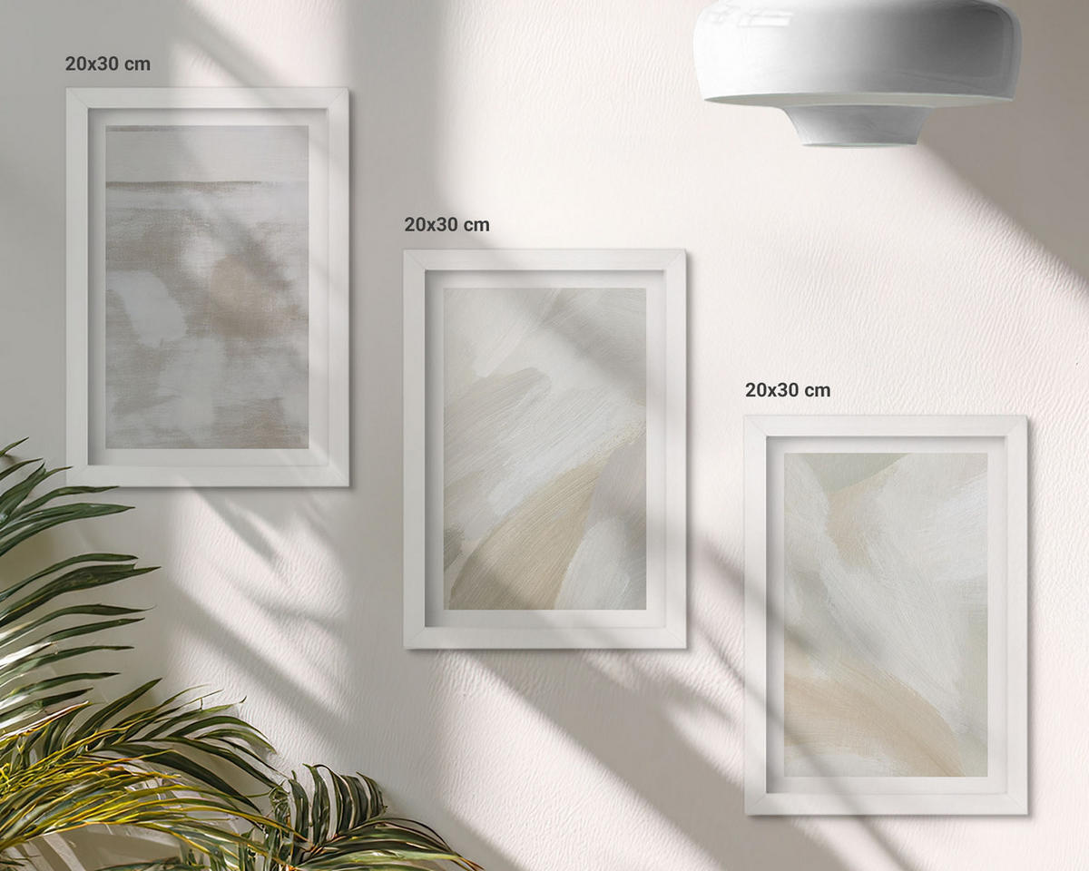 WANDBILDER 3er-Set - 20x30 cm Weißer Rahmen - Abstrakte Pinselstriche - Weiß, Kunststoff (20/30cm) - ArtPrintCave
