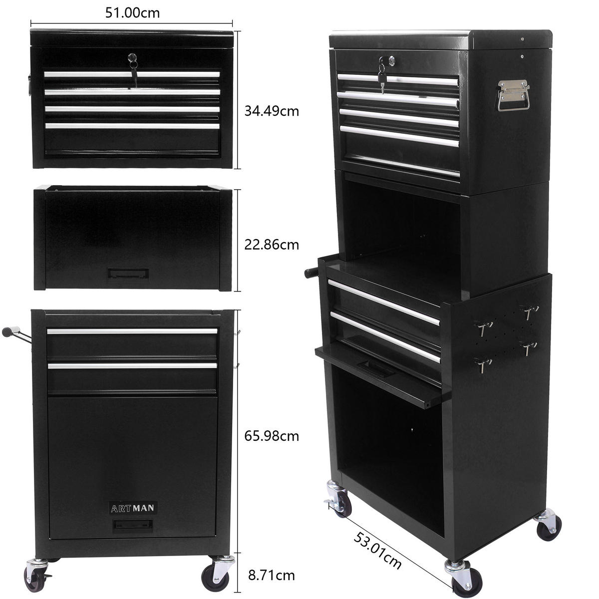 WERKZEUGWAGEN 2-in-1 mit Rollen – abnehmbarer Werkzeugkasten, 6 Fächer, Werkstattwagen mit 4 Rädern für Garage, Schwarz - Schwarz, Metall (33/110/60cm) - Ej. Life