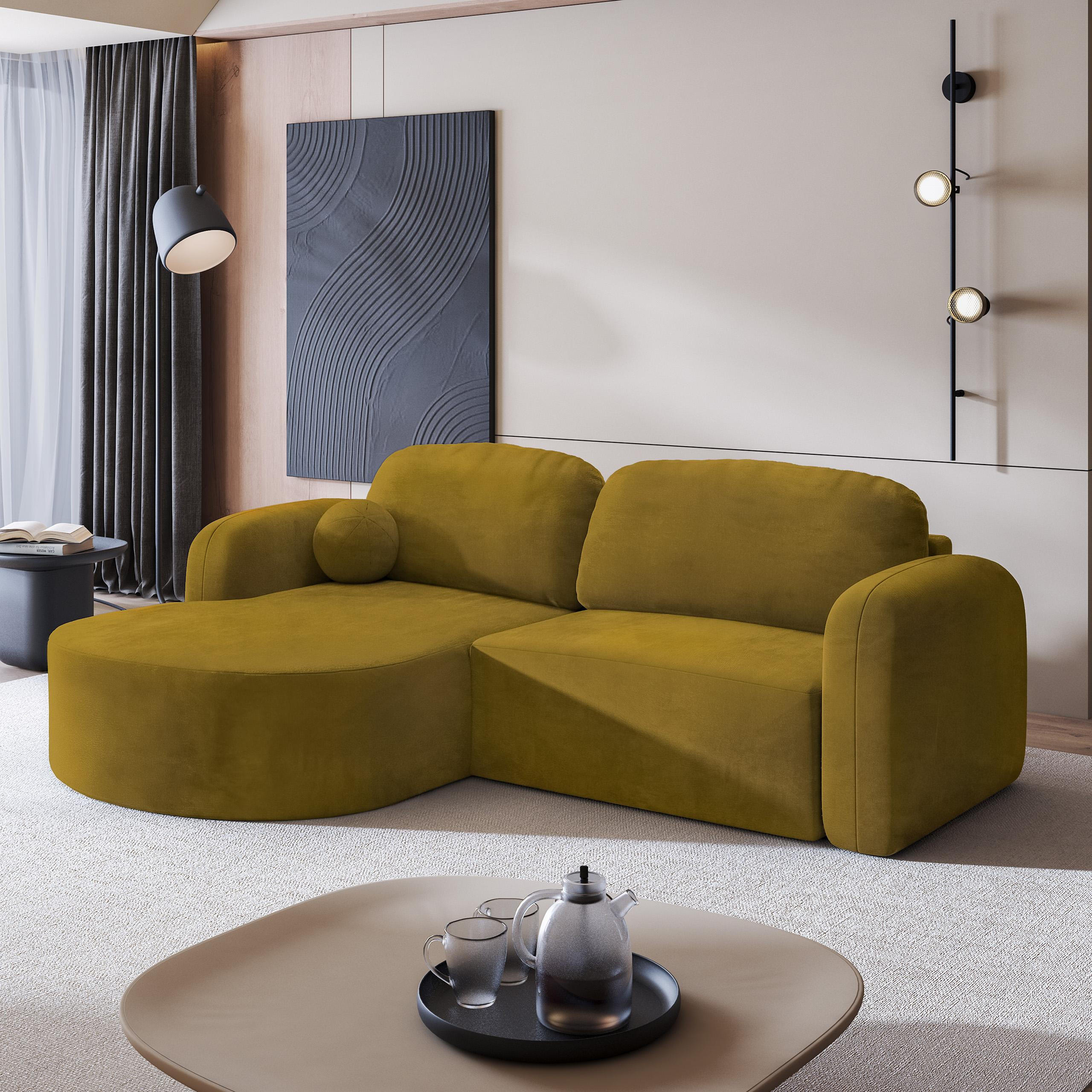 ECKSOFA AMILIA M L-S Gelb Velours-Stoff mit Schlaffunktion - Gelb, Holz (263/174cm) - MASSENO