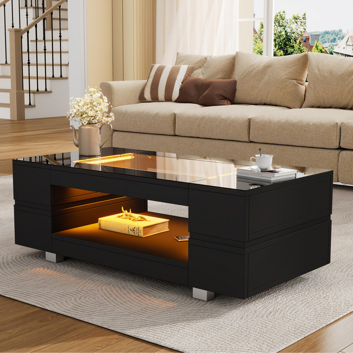 COUCHTISCH 100/50/35 cm schwarz aus Spanplatte und Sicherheitsglas mit LED - Schwarz, Holzwerkstoff (100/50/35cm) - OKMYHOME