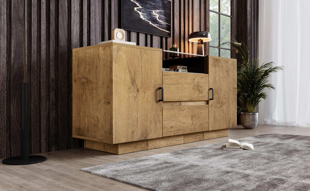 SIDEBOARD in Eichenoptik mit braun getöntem ESG-Glas, 2 Schubladen, 2 Türen und offenem Fach, schwarze Griffe, 140/40/70 cm, Eichenoptik - Eichefarben, Holzwerkstoff (140/70/40cm) - Redom