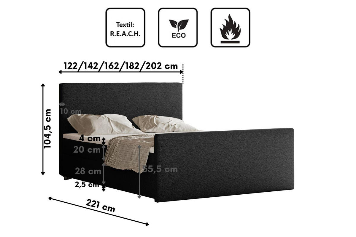 BOXBETT mit Bettkasten Matratze Topper LAGUNE Stoff Loop Schwarz 180x200 cm H3-Bonell - Schwarz, Holz/Holzwerkstoff (180/200cm) - Kaiser Möbel