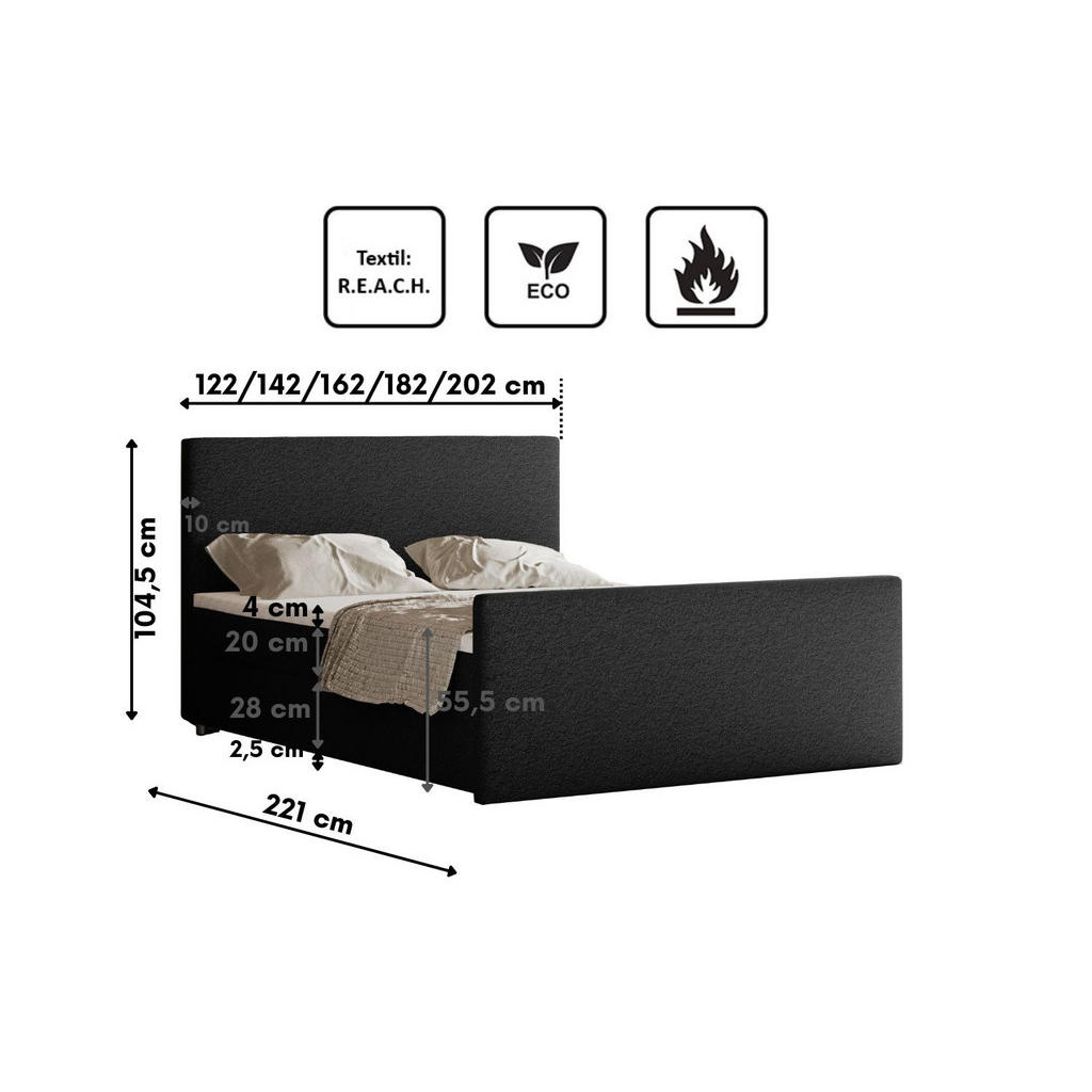 Thumbnail - Kaiser Möbel Boxbett, Schwarz, Textil, H3, Höhe ca. 20 cm, einmalig seitenverkehrt montierbar,Rechteckig, 120x200 cm, Sc...