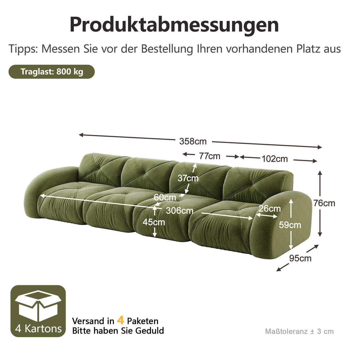 4-SITZER-SOFA DE-34276 modular Grün - Grün, Textil (95/76/358cm) - ComfortXL