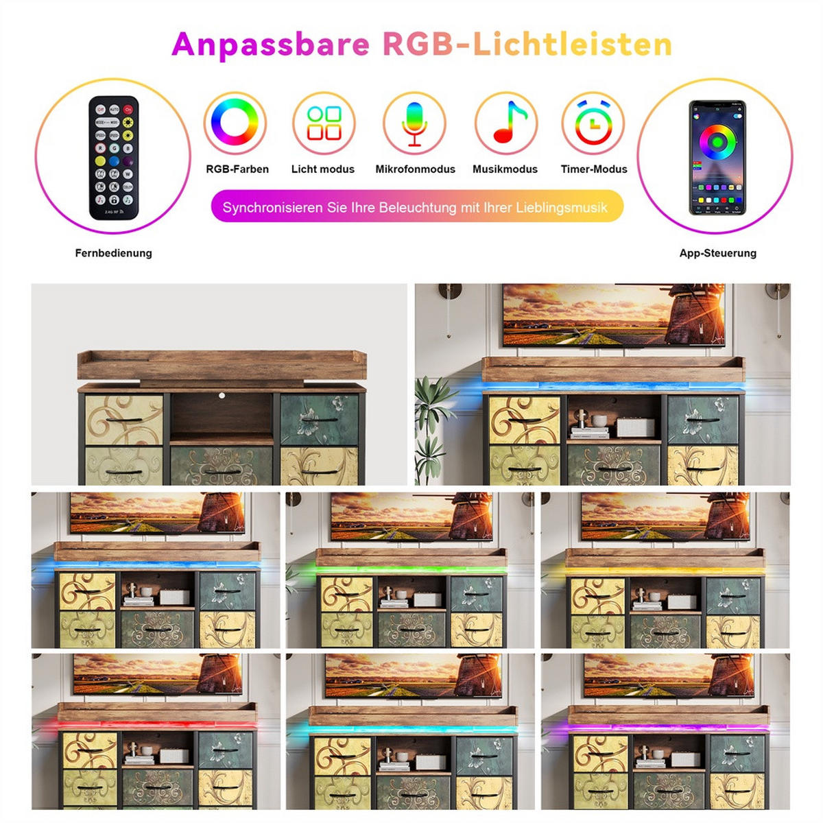 KOMMODE mit 8 Schubladen - integrierte Ladestation und RGB-LED-Beleuchtung - Bunt - Multicolor, Holzwerkstoff (108/82/30cm) - DELFA