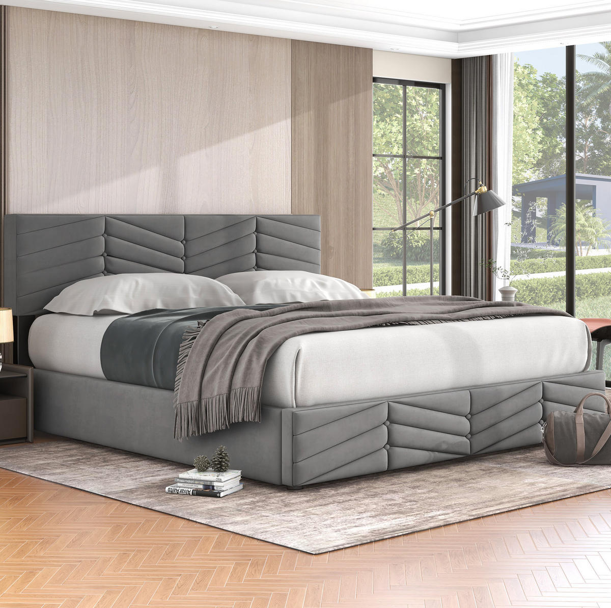 POLSTERBETT aus Samt 180x200 cm Grau mit Bettkasten und höhenverstellbarem Kopfteil - Grau, Textil (180/200cm) - IVMEU