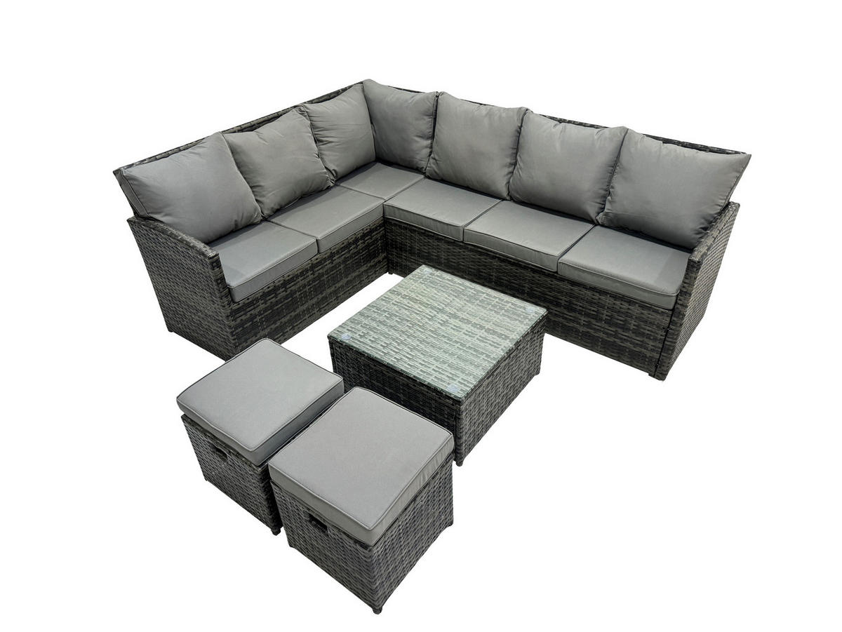 GARTENGARNITUR mit Ecksof,Couchtisch Polyrattan Dunkelgrau 8-Sitzer - Dunkelgrau/Grau, Glas/Kunststoff - Fimous