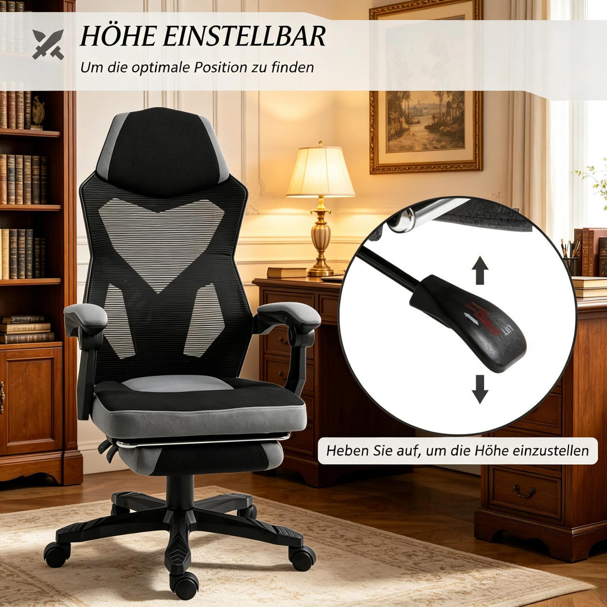 DREHSTUHL ergonomischer Gaming Bürostuhl mit Fußstütze bis 120 kg - Schwarz, Textil (58/112/63cm) - Gisaae