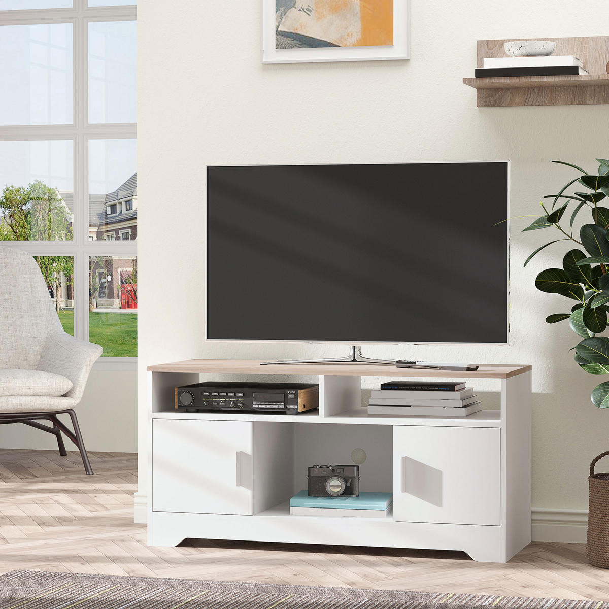 TV-LOWBOARD Weiß/Natur 105/40/52 cm, 2 Türen, Kabeldurchführung - Weiß, Holz (105/52/40cm) - PANGIVO
