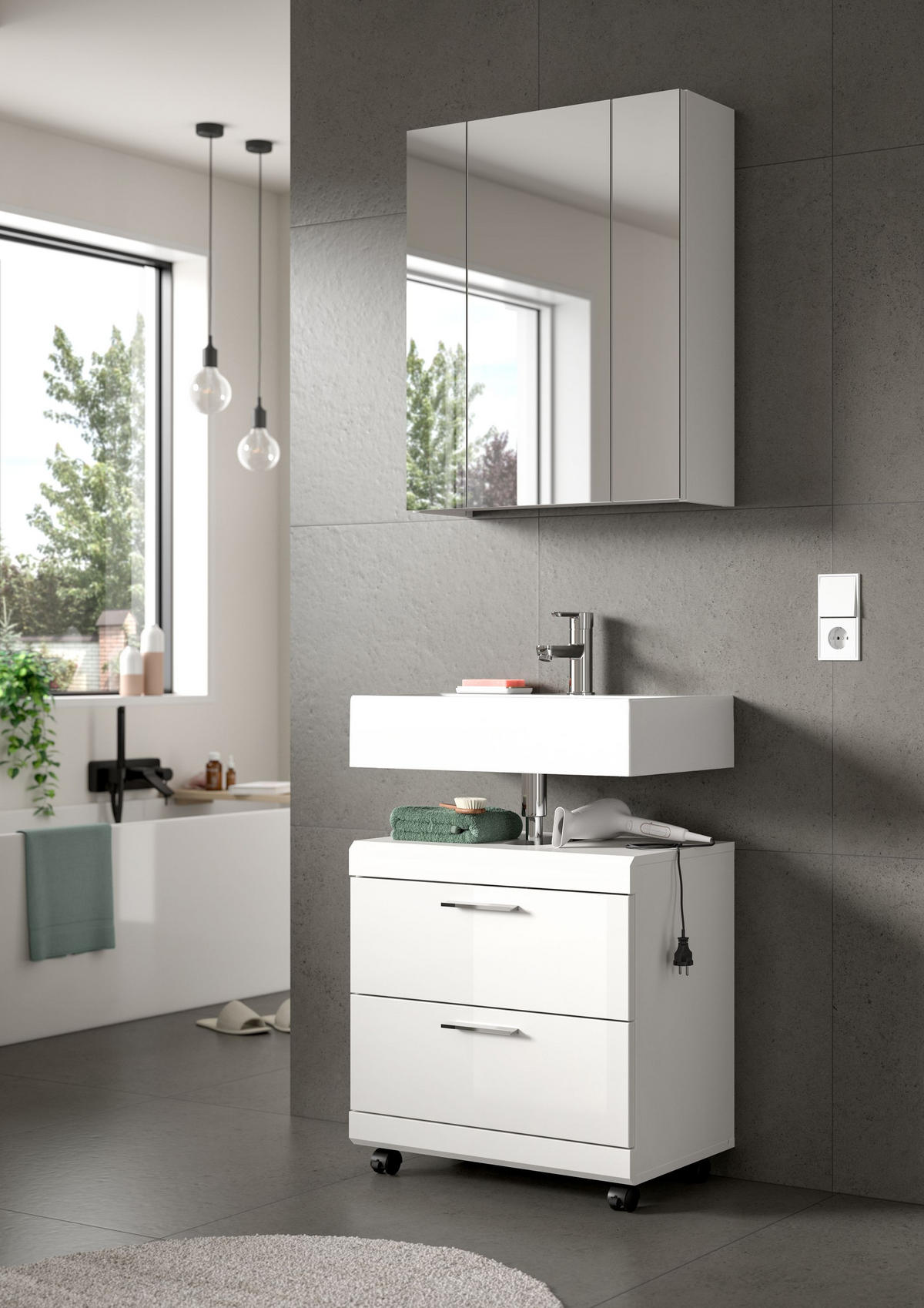 WASCHBECKENUNTERSCHRANK auf Rollen SCOUT (B/H/T: ca. 60/60/34 cm) in Weiß/weiß hochglanz - Weiß, Holzwerkstoff (60/60/34cm)