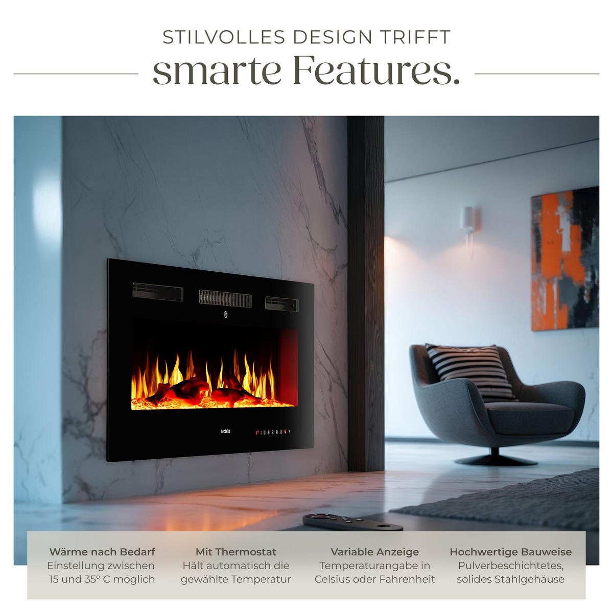 ELEKTRO-WANDKAMIN Luci, mit Fernbedienung und App-Steuerung, integriertes Thermostat, schwarz - Schwarz, Metall (91.5/43/12cm) - tectake