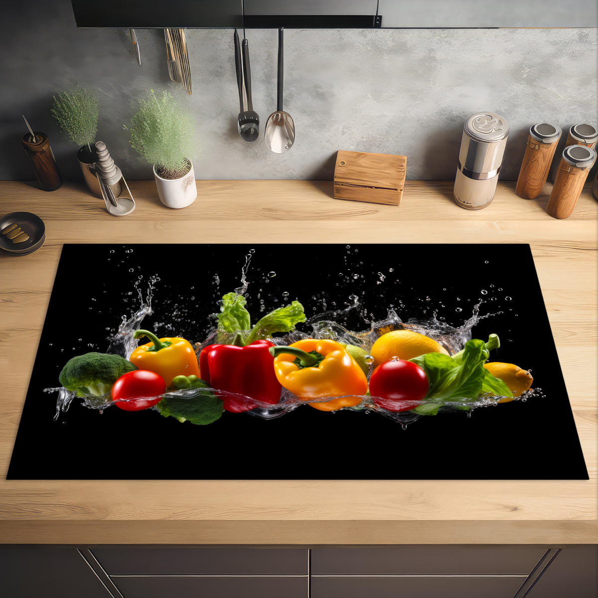HERDABDECKPLATTE Paprika - Wasser - Gemüse - Schwarz 91x52 cm - Multicolor, Kunststoff (91.2/0.2/52cm) - MuchoWow