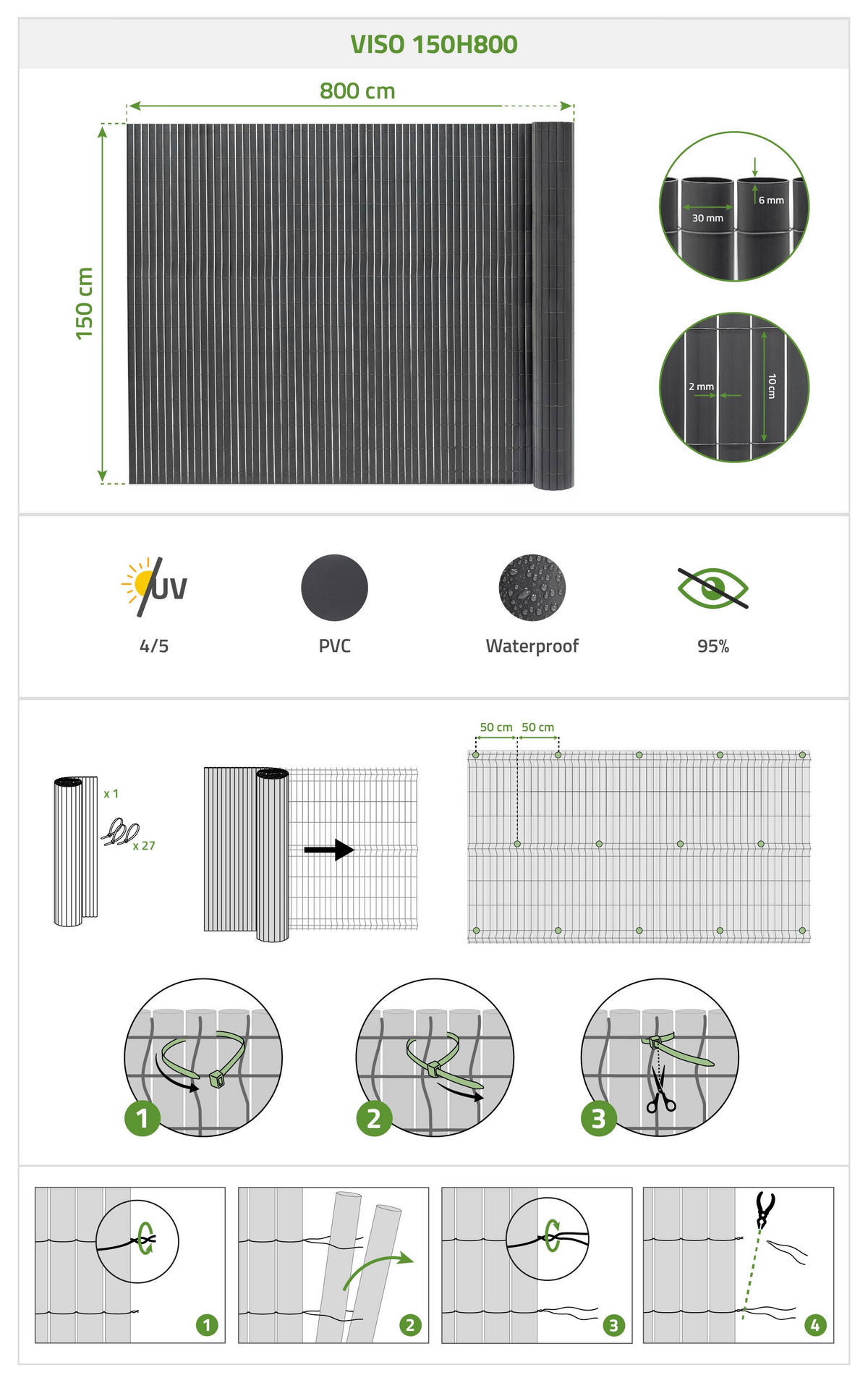 PVC Sichtschutzmatte VISO doppelseitig 8m x 1,5m Anthrazitgrau - Anthrazit, Metall (800/150cm) - Casanoov