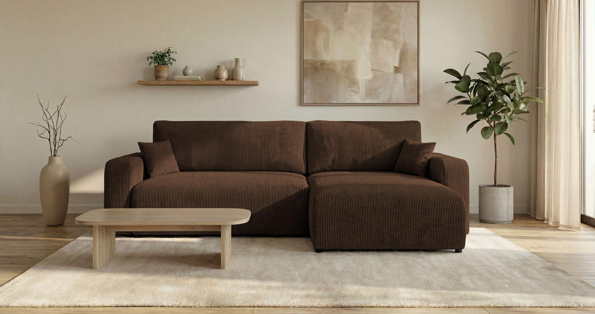 ROHOVÁ pohovka BERLIN pravá hnědá manšestr Poso 6 - funkce spaní, úložný prostor - hnědá, textil (285/184cm) - Cornero