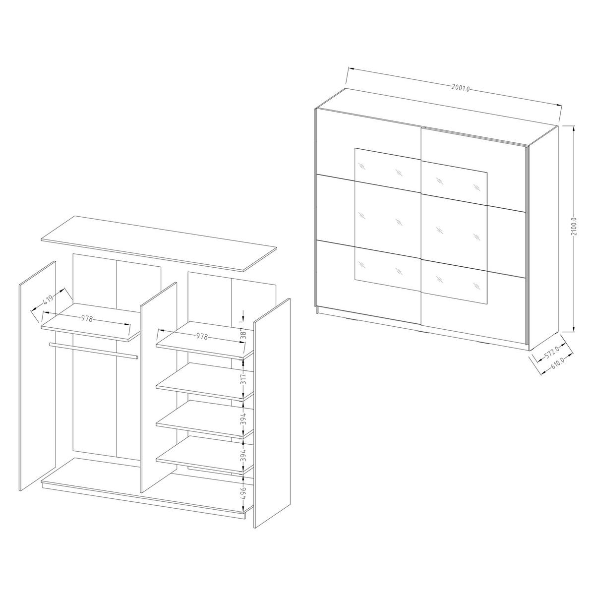 SCHWEBETÜRENSCHRANK BETTINA 200/210/61 cm 2-türig mit Spiegel Eiche San Remo - Weiß/Eiche San Remo, Holzwerkstoff (200/210cm) - MASSENO