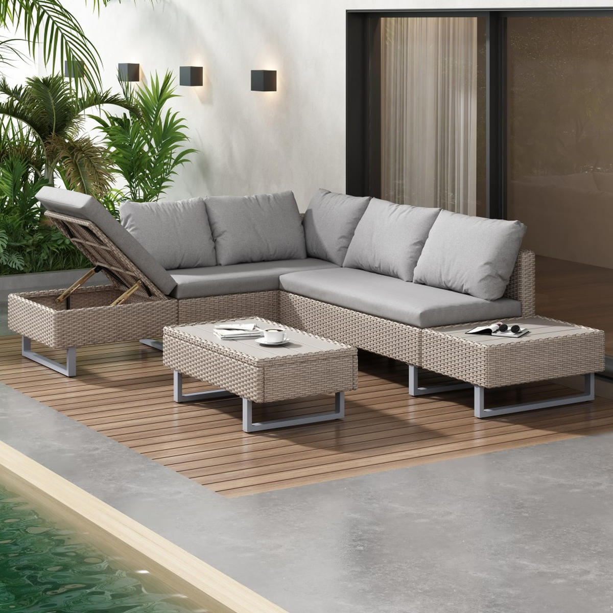 LOUNGEGARNITUR für 4-5 Personen mit Ecksofa，Farbe Khaki - Cappuccino, Textil - KOMHTOM