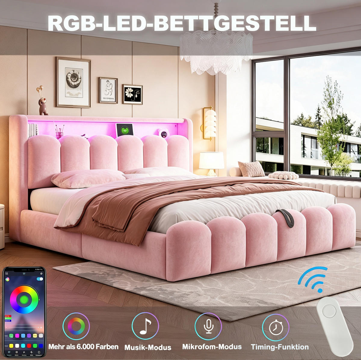 POLSTERBETT aus Samtstoff 180x200 cm Pink mit Bettkasten, Kopfteil-Stauraum, LED und USB-Anschlüssen - Pink, Textil (180/200cm) - Modfu