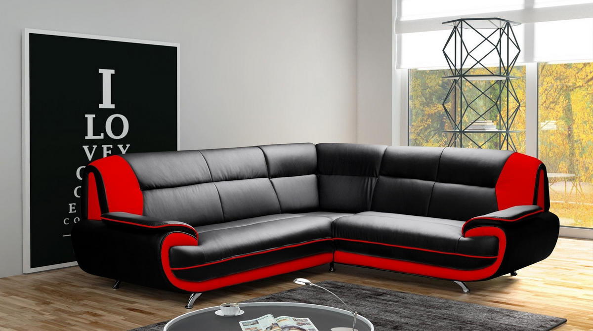 ECKSOFA L-Form, Stoff Soft, Schwarz + Rot, Rechts, Palermo - Schwarz, Holz (240/210cm) - Kaiser Möbel