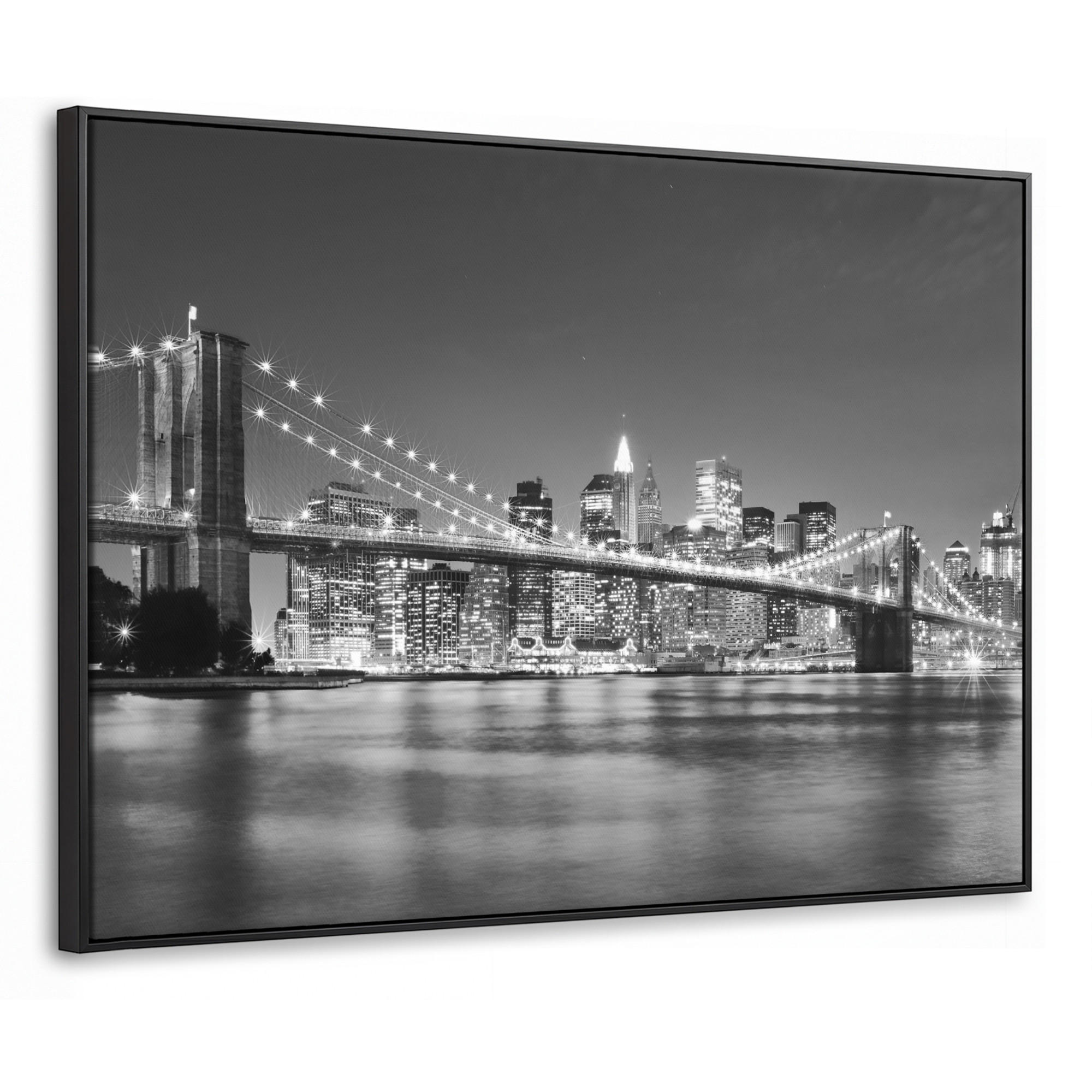 LEINWAND Bilder mit Rahmen - New York - Brücke - Brooklyn - Schwarz und weiß - Architektur - 100x70 - Schwarz, Textil (100/70cm) - MuchoWow
