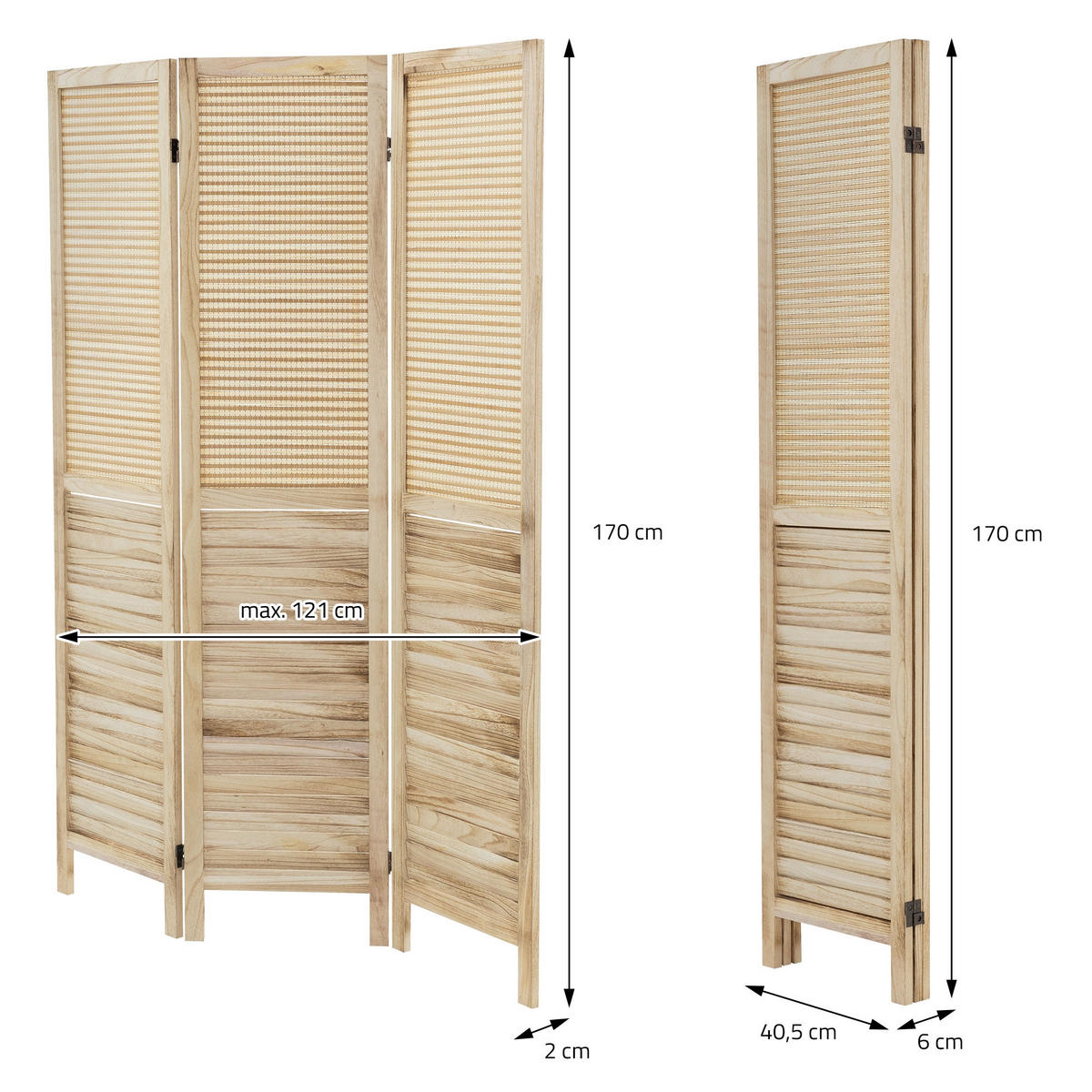PARAVENT 3 teilig Osaka 170x121 cm Natur aus Holz - Braun, Holz (121/170/2cm) - ML-DESIGN