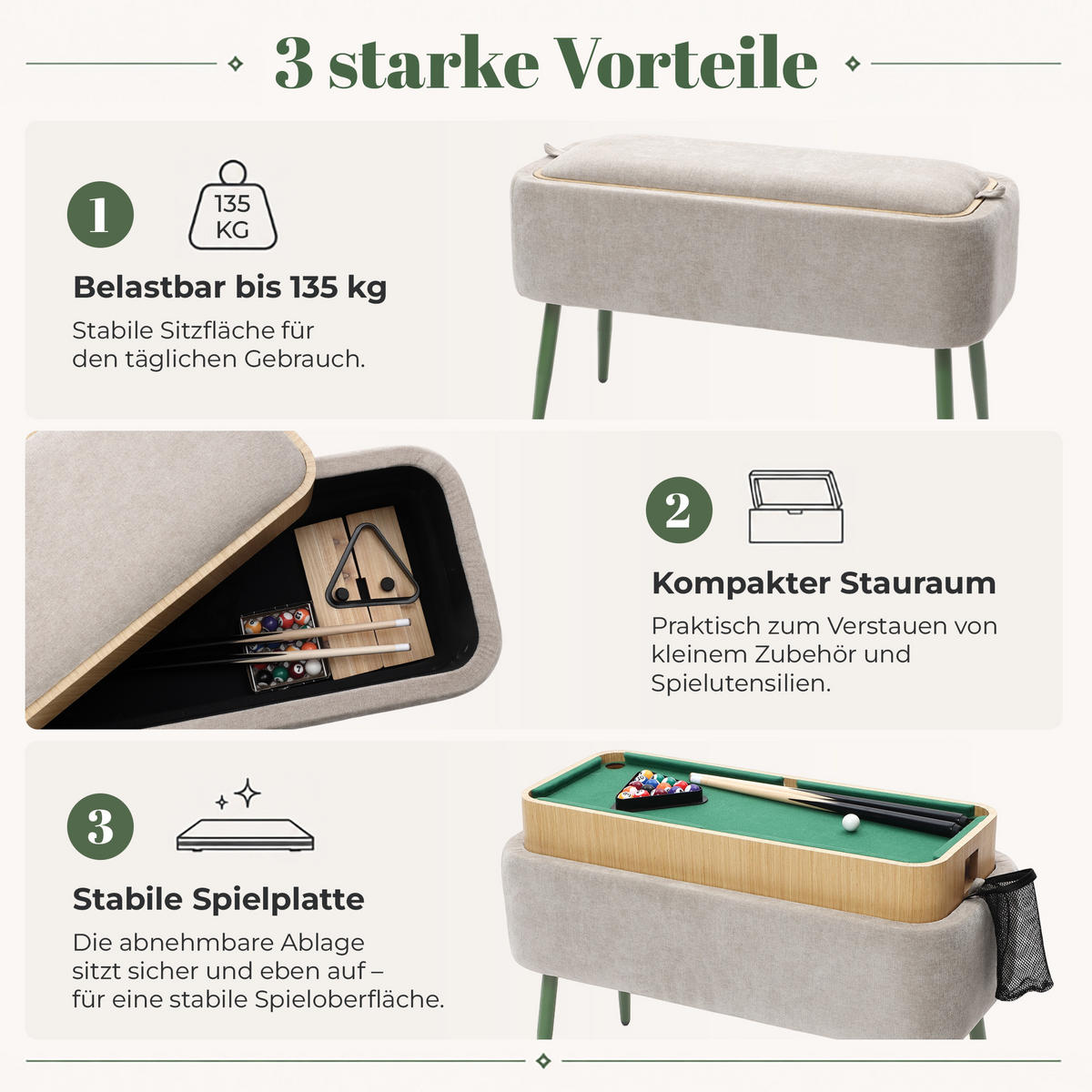 SITZBANK mit Stauraum, Polsterbank mit Mini-Billard, Beige - Grau, Holzwerkstoff (35.5/47/77.5cm) - Hometopia
