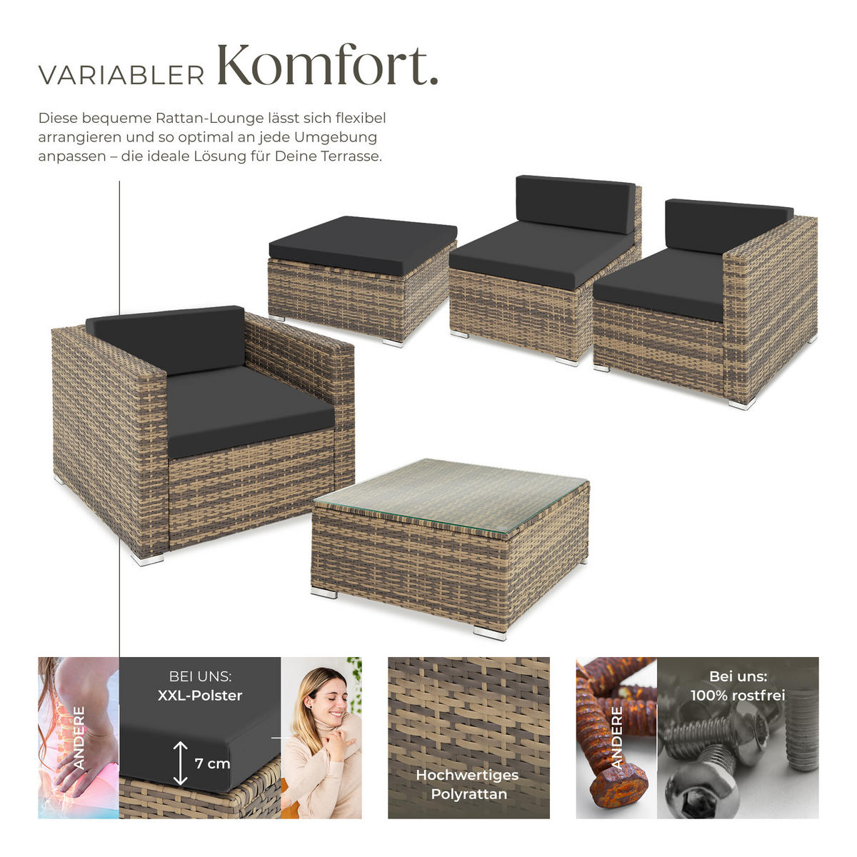 RATTANLOUNGE Milano, mit Sicherheitsglasplatte, natur - Naturfarben, Kunststoff - tectake