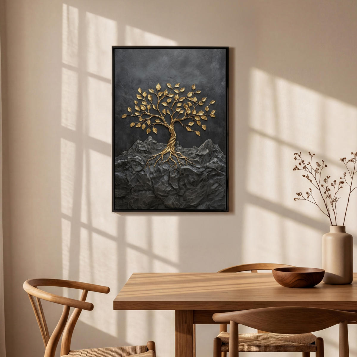 LEINWAND Bilder mit Rahmen - Blätter - Gold - Baum - Fels - 60x90 - Schwarz, Textil (60/90cm) - MuchoWow