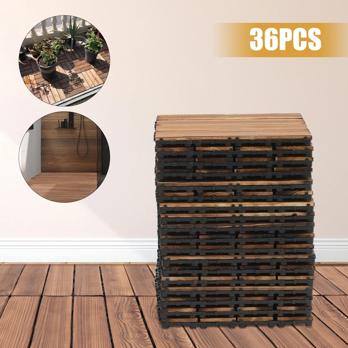 TERRASSENFLIESE 36er-Pack Massivholz, Balkon & Garten - Braun, Holz (30/30/2cm) - Kaket