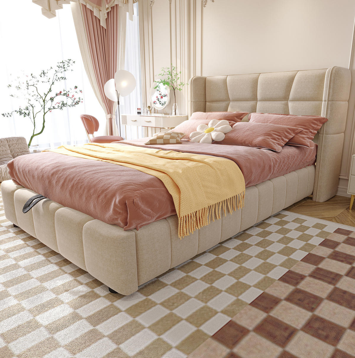 KINDERBETT 90/200 cm mit Stauraum, Hebemechanismus und gepolstertem Kopfteil aus Leinenstoff, Beige - Beige, Textil (90/200cm) - Redom