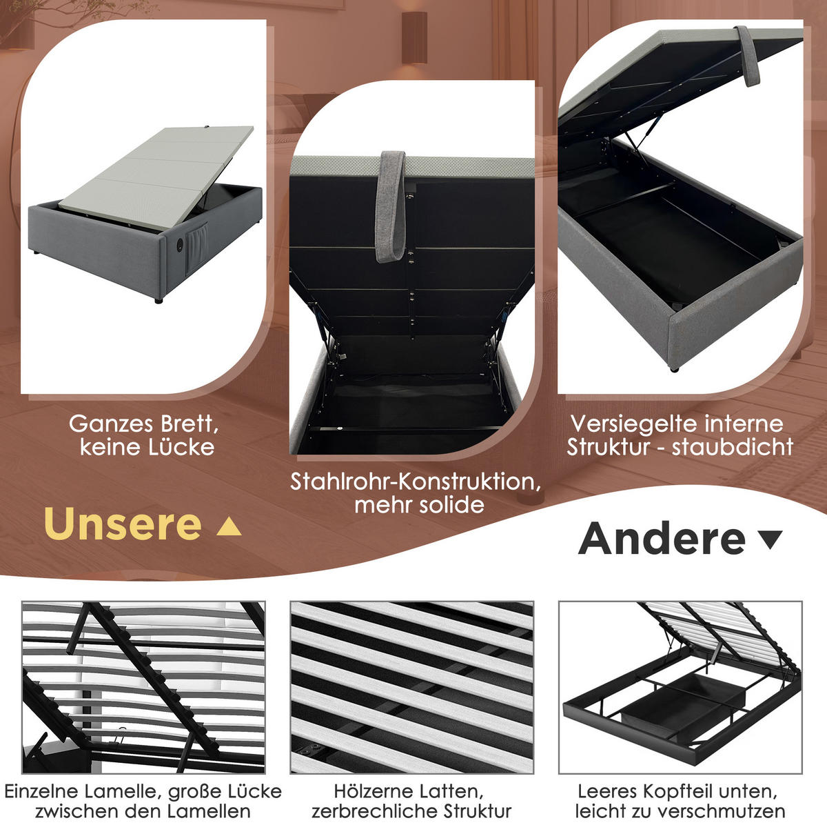 POLSTERBETT 90/200 cm Grau aus Baumwolle und Leinen mit Stauraum - Grau, Textil (90/200cm) - OKMYHOME