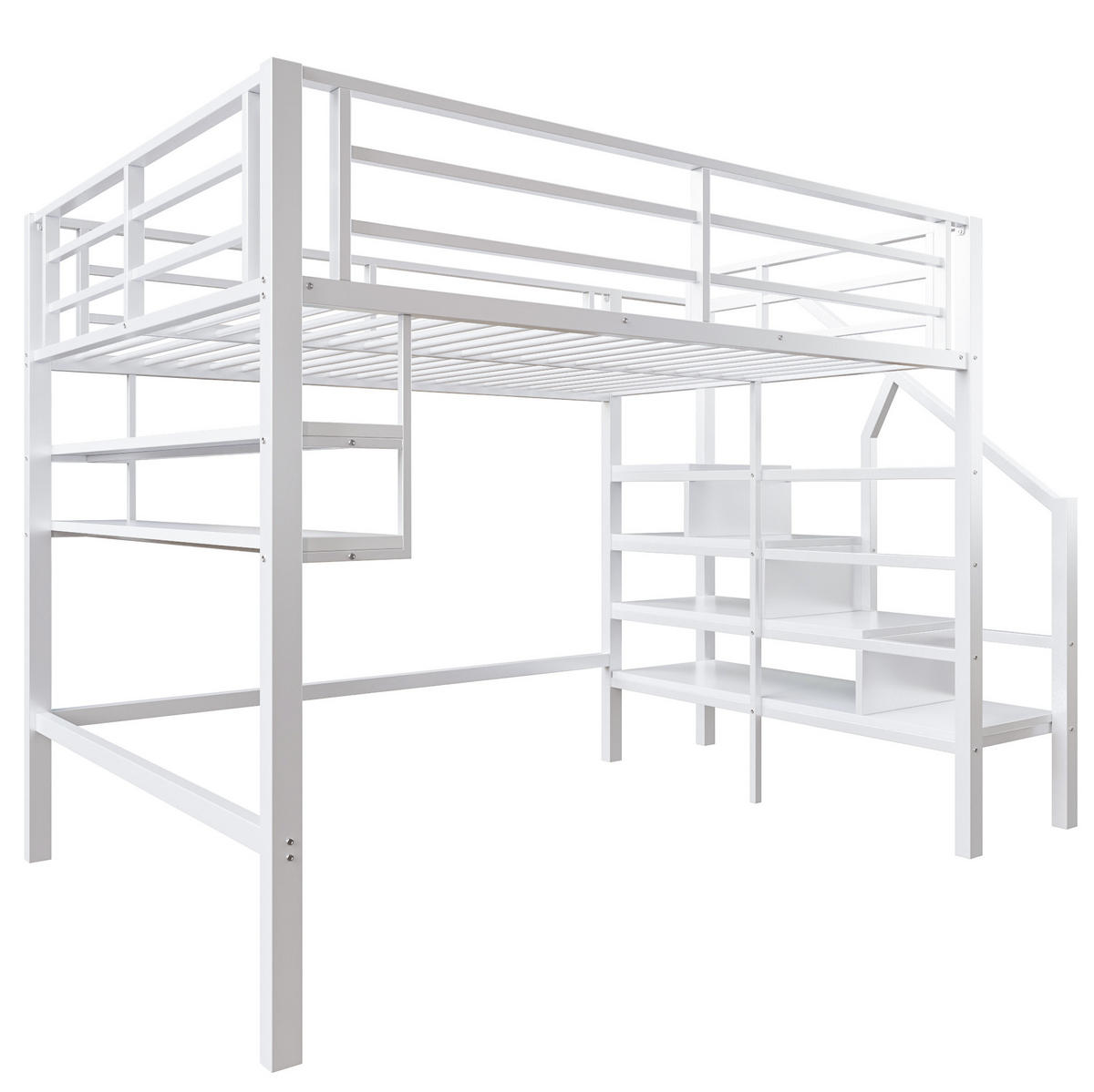 HOCHBETT 140/200 cm in Weiß – mit Stauraumleiter und Regalfächern - Weiß, Metall (140/200cm) - BEAOK