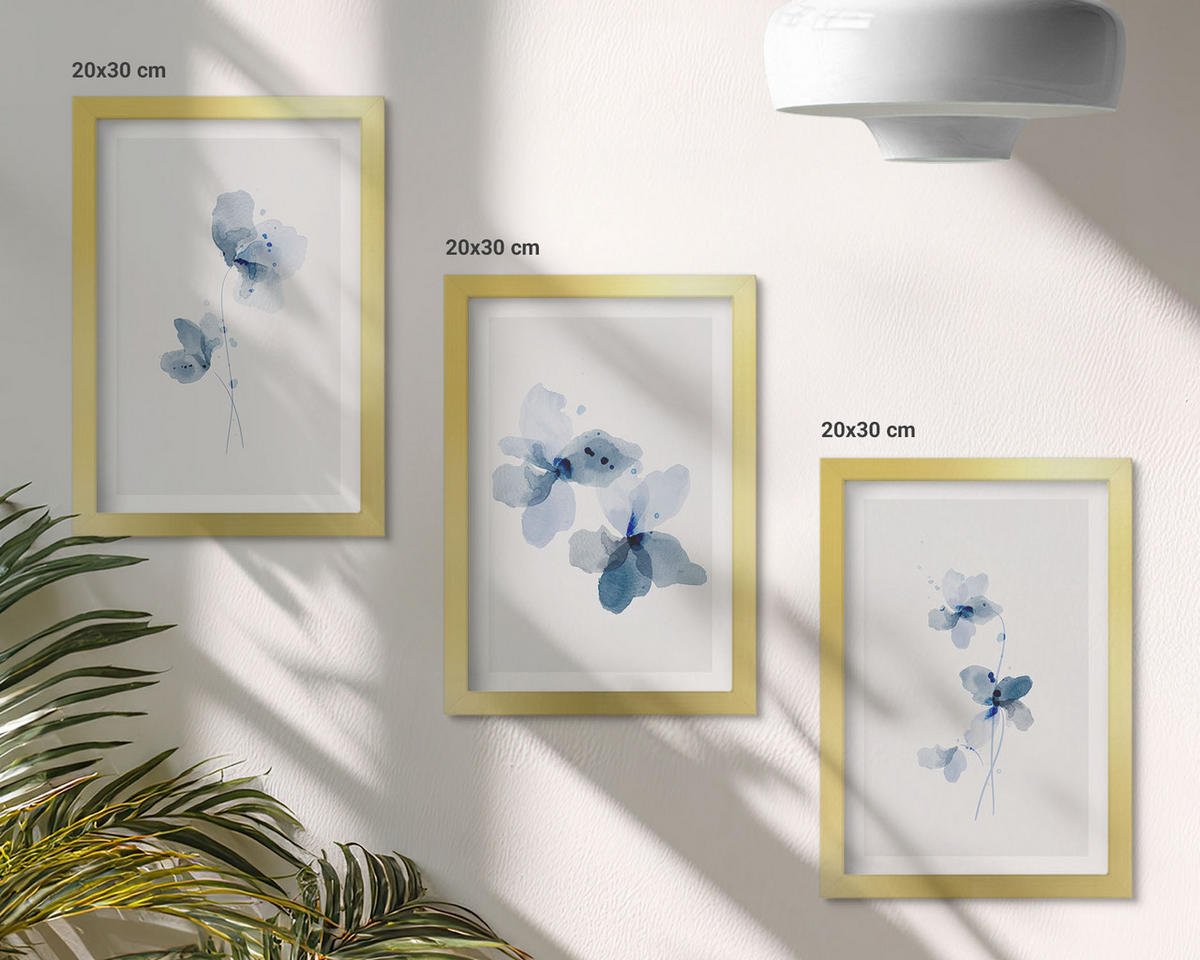 BILDER SET 3er Set - 20x30 cm Goldrahmen - Blaue Blumen - Goldfarben, Kunststoff (20/30cm) - TULUP