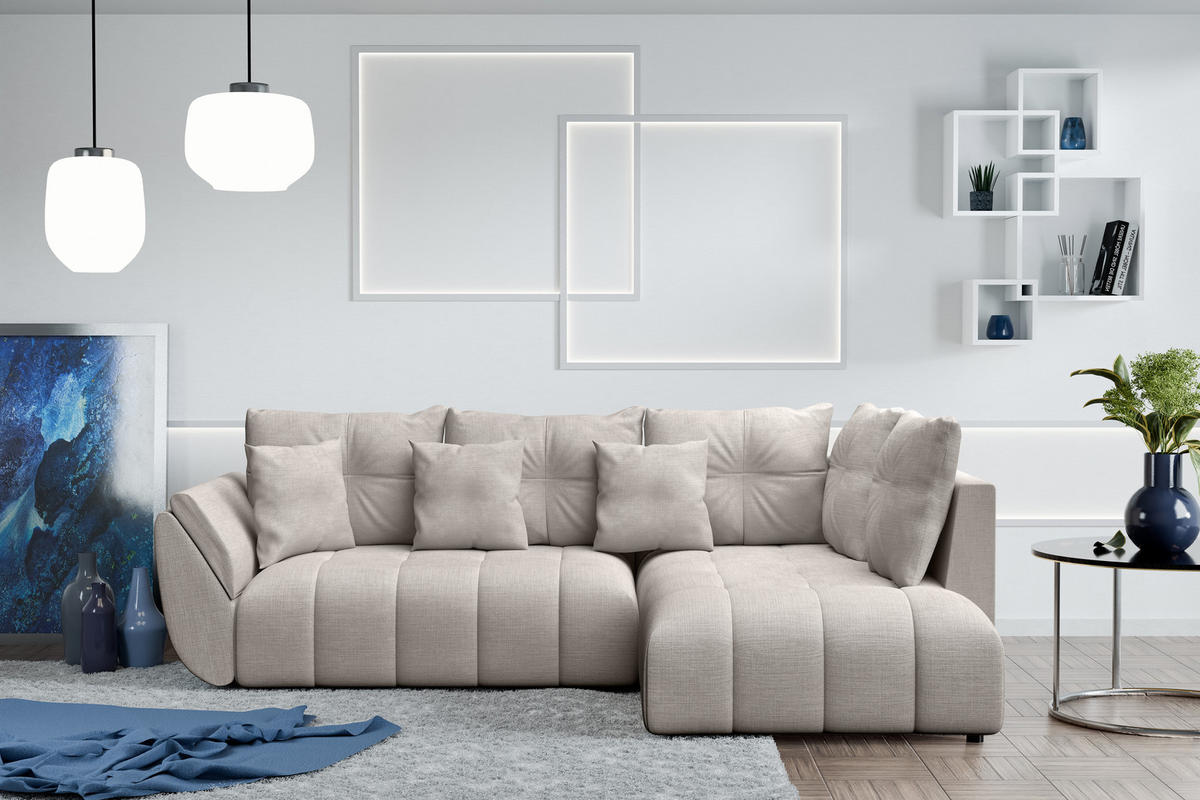 ECKSOFA L Form Kayseri Beige 266/190/86 cm – mit Bettkasten - Beige/Schwarz, Kunststoff/Textil (266/190cm) - AX Living