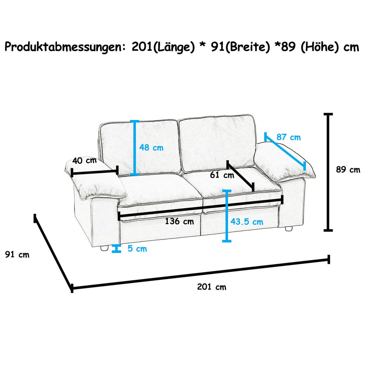 SOFA mit Stauraum und Taschenfederkern 61 cm Sitztiefe 201/91/89 cm Grau - Grau, Textil (91/89/201cm) - Redom