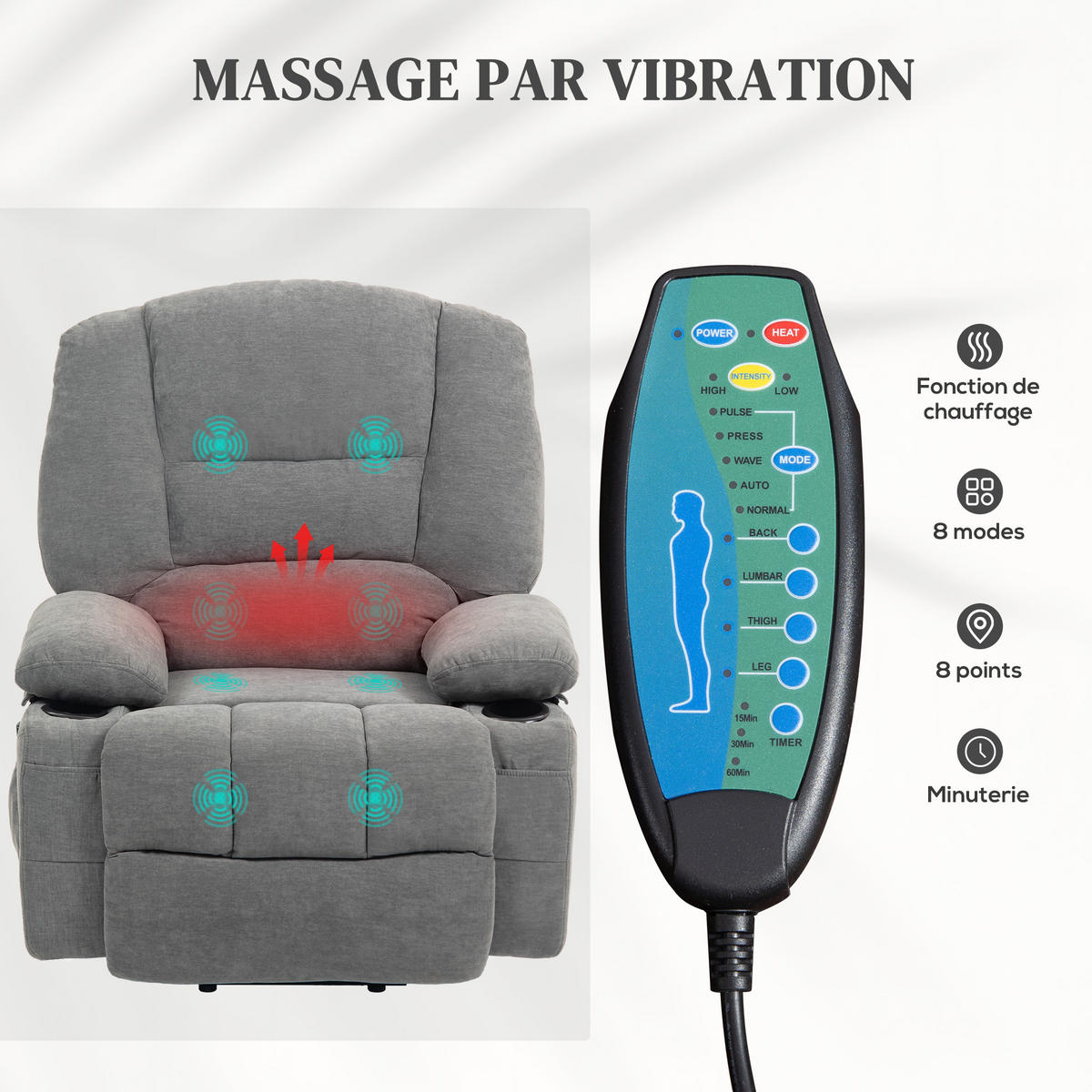 MASSAGESESSEL DE-15388 mit Massage und Heizung Grau - Grau, Textil (90/102/97cm) - ComfortXL