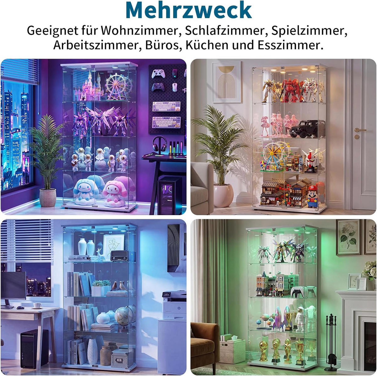 GLASVITRINE LED Vitrinenschrank Weiß mit 2 Tür 4 Etagen mit Schloss und Spiegeleffekt - Weiß, Glas (36.49/163.9/80.49cm) - BPKADHY