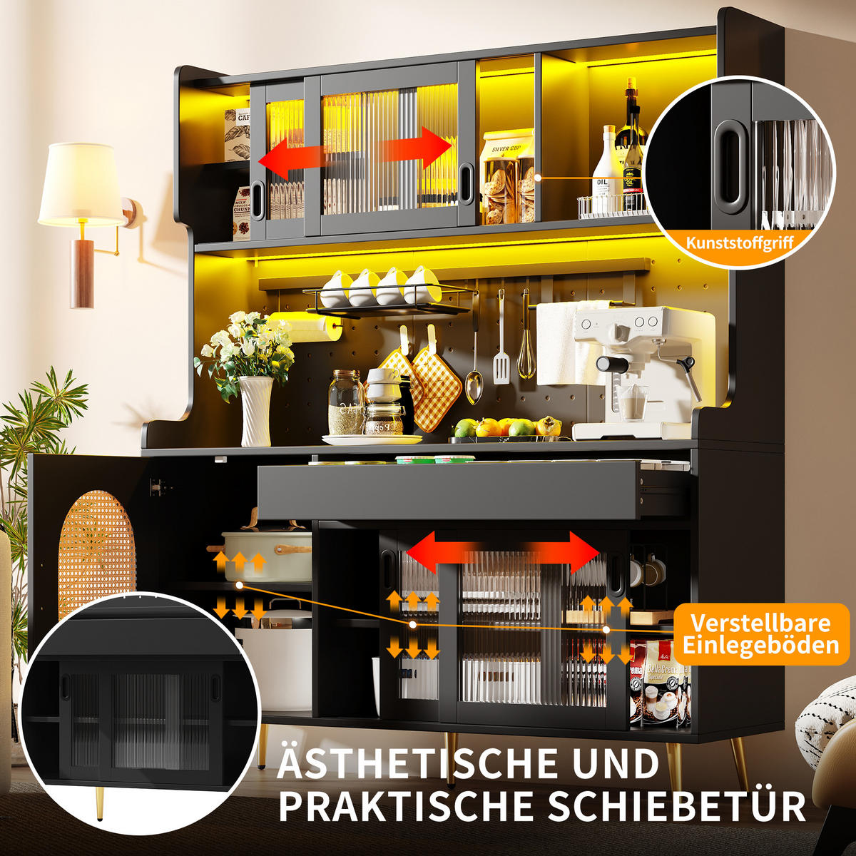 BUFFETSCHRANK 145/39/171 cm schwarz aus MDF mit LED-Lichtleiste - Schwarz, Holzwerkstoff (145/171/39cm) - OKWISH