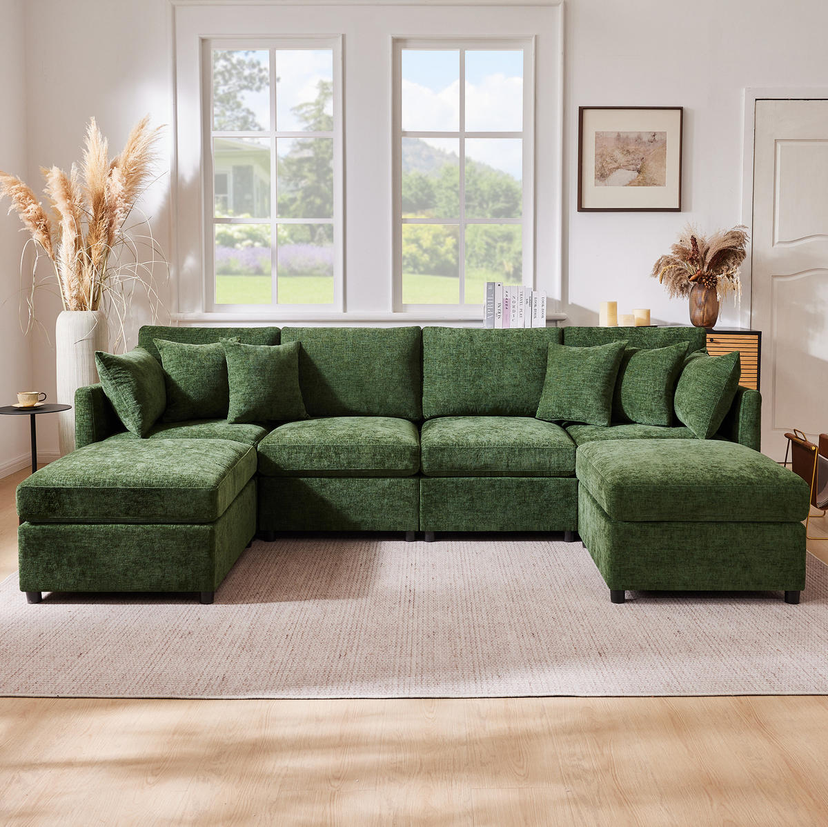 SOFA modular 278x161 cm Chenille Green mit 2 Hockern und 6 Kissen - Grün, Holzwerkstoff (161/81/278cm) - Meubliv