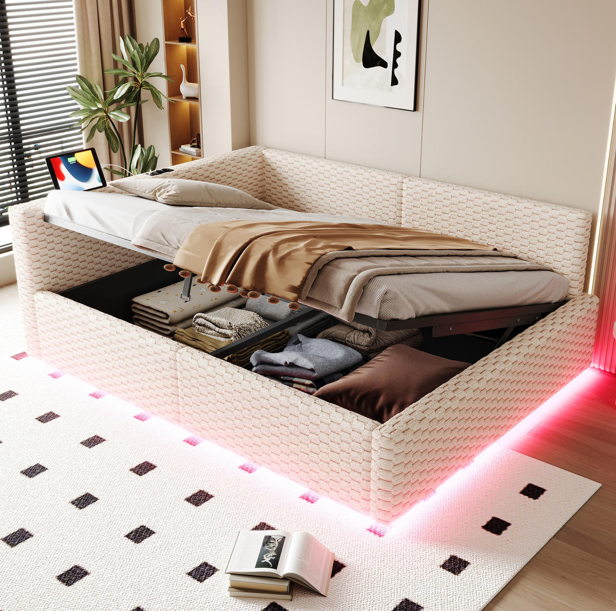 TAPECIRANI krevet 140/200 cm s LED osvjetljenjem, USB i Type-C priključkom te hidrauličnim spremištem, Bež - bež, drvni materijal (140/200cm) - Redom
