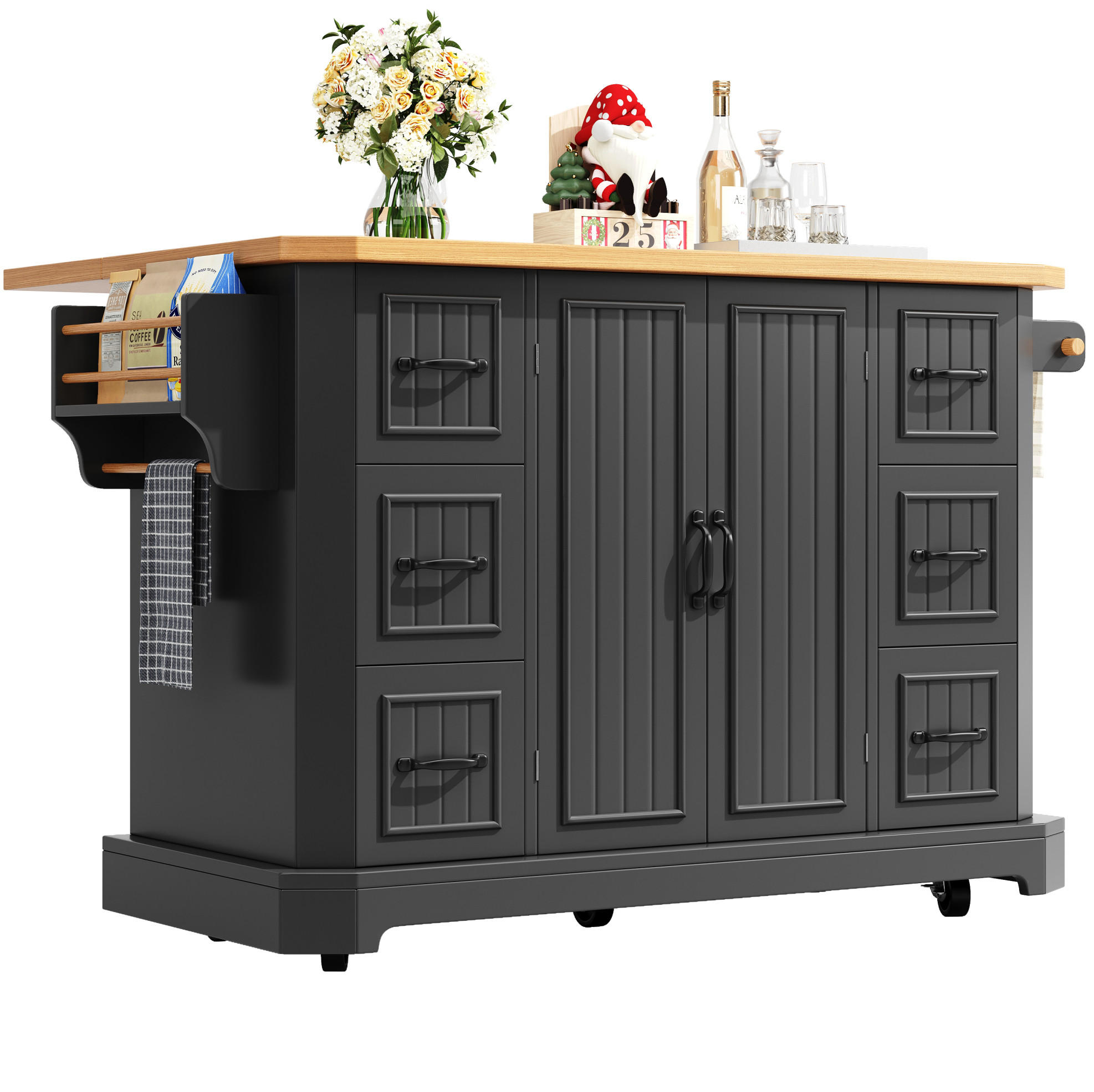 Modfu KUCHYŇSKÝ ostrůvek z MDF 120x45(75)x91 cm černý s kolečky, 6 zásuvkami a 2dveřovou skříňkou