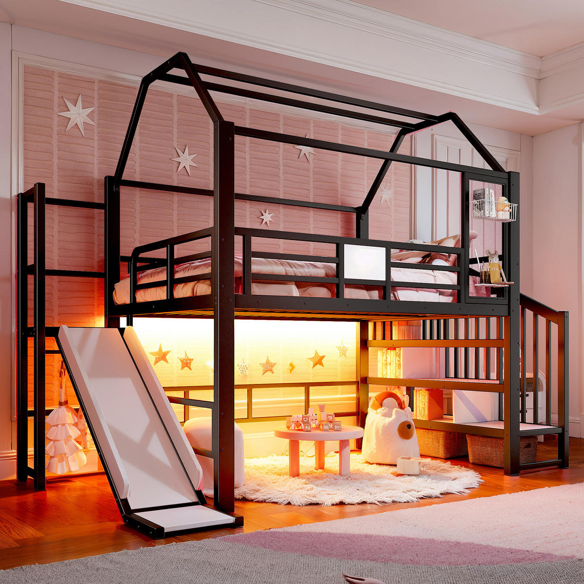 HOCHBETT aus MDF und Metall 140x200 cm Schwarz mit Rutsche, Stauraumtreppe und Bluetooth-LED-Beleuchtung - Schwarz, Holzwerkstoff (140/200cm) - IVMEU