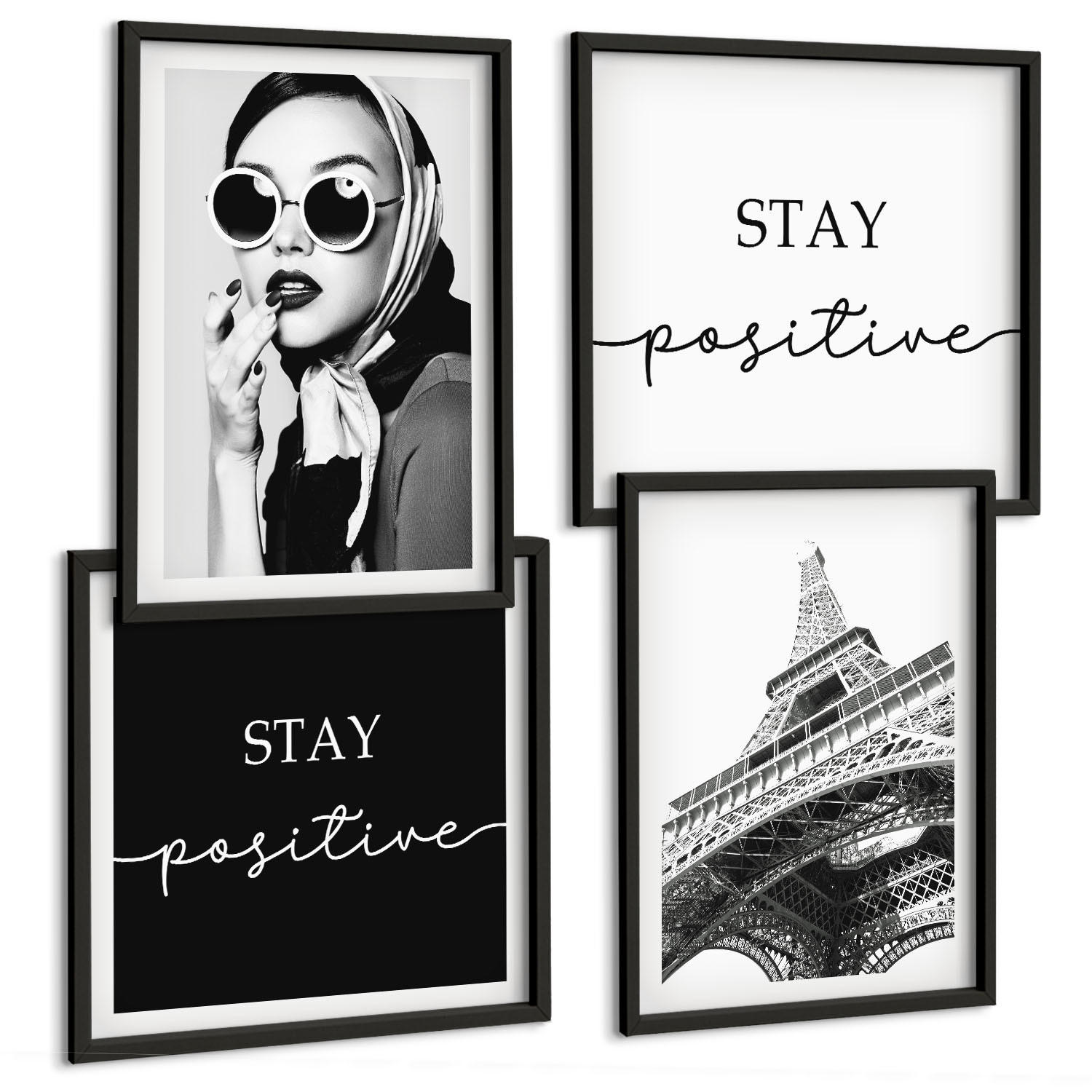 BILDER SET 4er Set - 50x50 cm & 40x60 cm Schwarzer Rahmen - Porträts, Eiffelturm-Slogans - Schwarz, Kunststoff (50/50cm) - TULUP