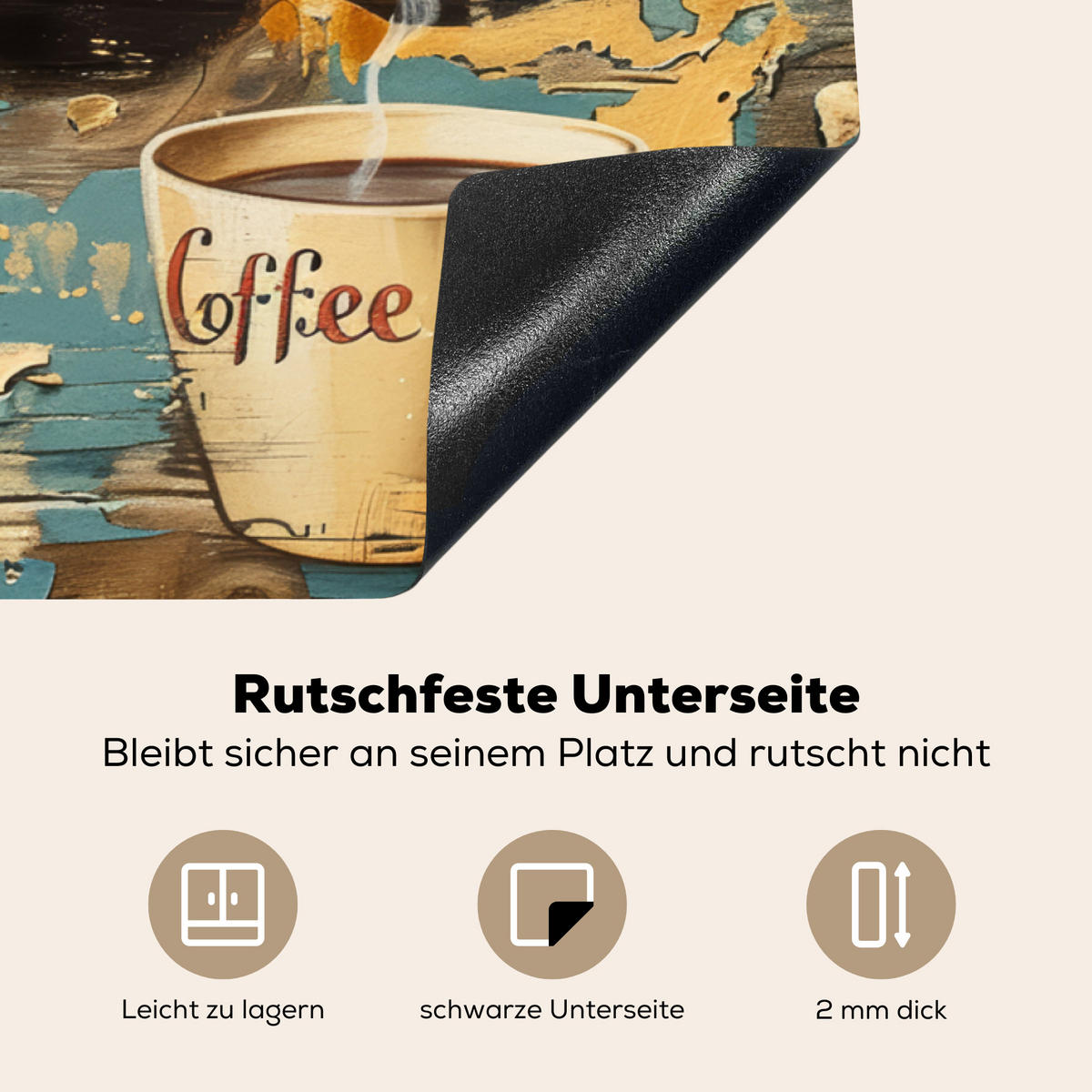 HERDABDECKPLATTE Kaffee - Vintage - Braun - Tasse Induktionsschutz 91.6x52.7 cm - Teakfarben, Kunststoff (91.6/52.7/0.2cm) - MuchoWow