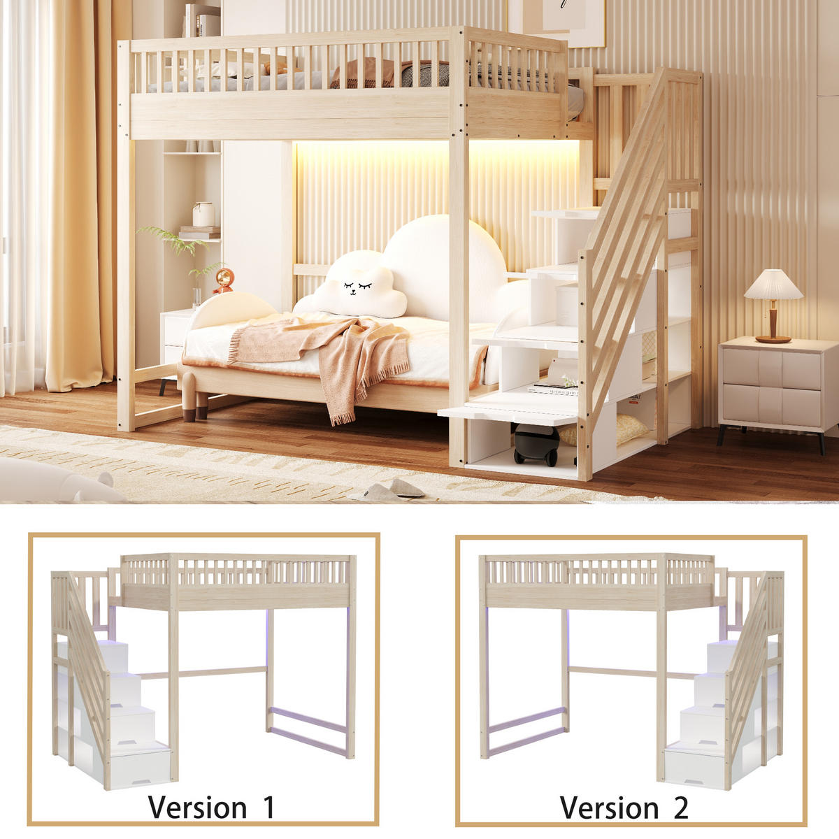 HOCHBETT 140/200 cm in Natur mit Stauraumtreppe und LED - Naturfarben, Holz/Holzwerkstoff (140/200cm) - STILVORA