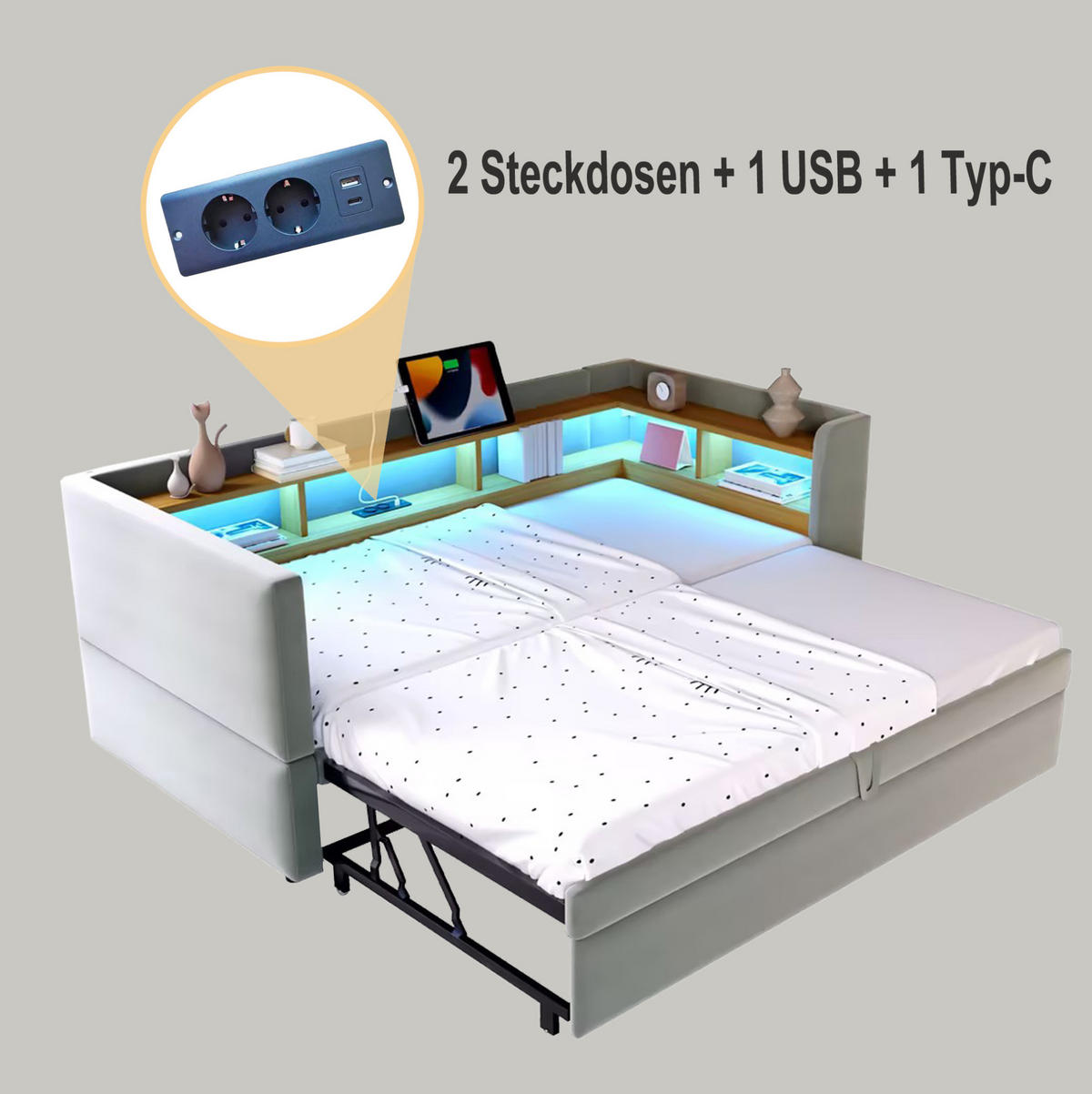 ČALÚNENÁ posteľ 211/199/80 cm svetlosivá s LED osvetlením, zásuvkou a policami z flanelu - svetlosivá, textil (90/190cm) - OKWISH