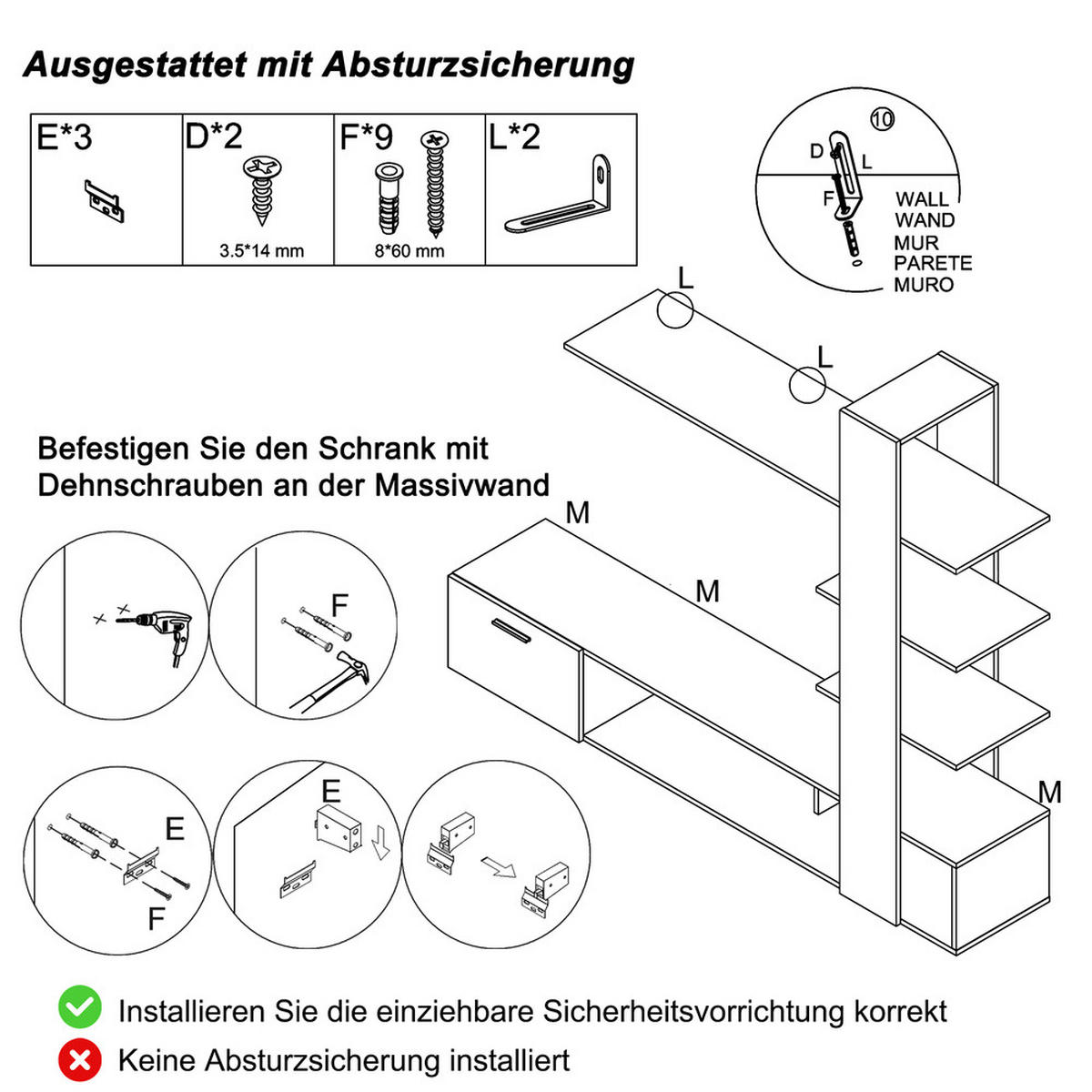 WANDSCHRANK SET 180x33cm Modern Eichenweiß TV-Schrank & Lowboard für bis 60 Zoll - Weiß, Holz (44.78/11.99/159.49cm) - FLIEKS