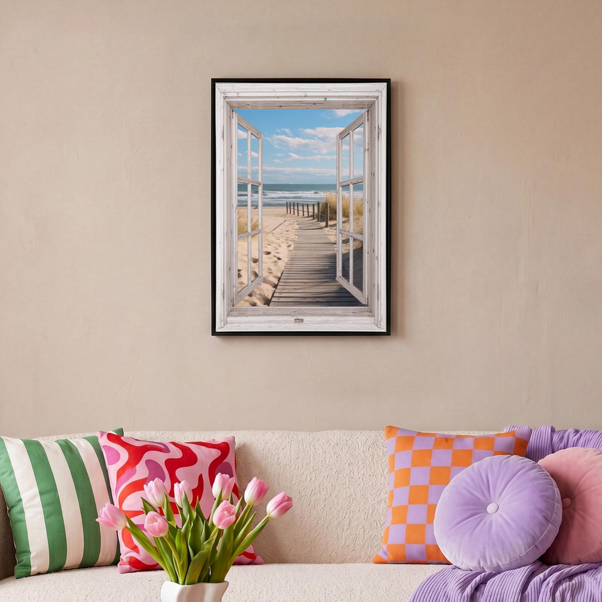 LEINWAND Bilder mit Rahmen - Fenster - Meer - Küste - Natur - Ausblick - Strand - Wattenmeer - 40x60 - Beige, Textil (40/60cm) - MuchoWow